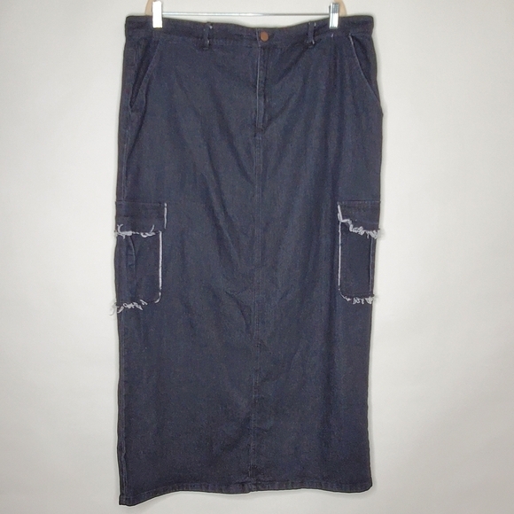 Cargo Pocket Jean Maxi Skirt 3X Black Wash Stretch Denim Midi Goth Distressed - Picture 10 of 11